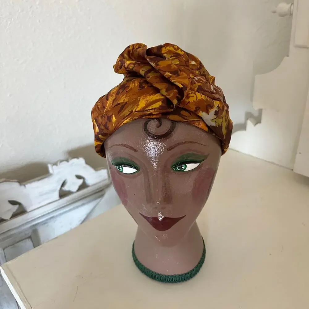 Vintage 1960s Women’s Turban Hat Gold Brown Brocade Leaf Jacquard Autumn Twist